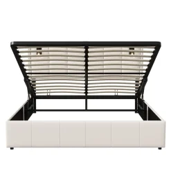 Lit coffre 160x200 cm, Lit double avec rangement et sommier à lattes, tissu en velours, lumière de lecture, Beige><noscript><img width=