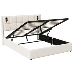 Lit coffre 160x200 cm, Lit double avec rangement et sommier à lattes, tissu en velours, lumière de lecture, Beige><noscript><img width=