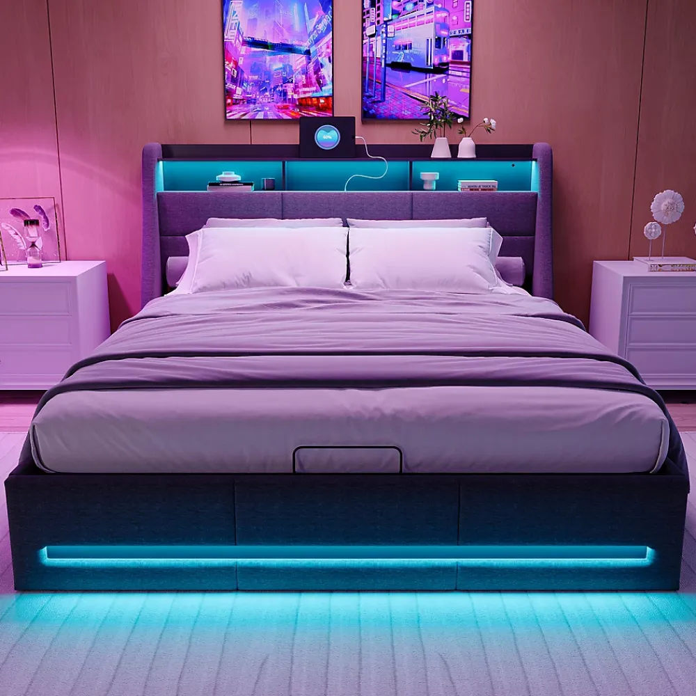 ProximaX Lit coffre 140x200 cm, Lit rembourré avec rangement hydraulique, LED multicolore, tête de lit avec USB, Gris* Lit Coffre