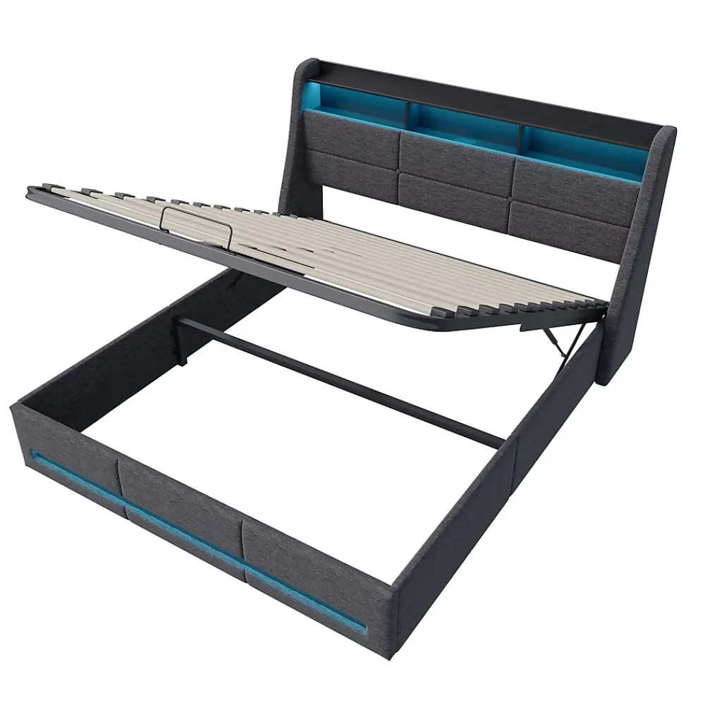 ProximaX Lit coffre 140x200 cm, Lit rembourré avec rangement hydraulique, LED multicolore, tête de lit avec USB, Gris* Lit Coffre