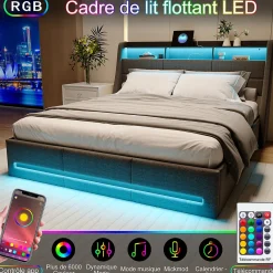Lit coffre 140x190 cm, Lit rembourré avec rangement hydraulique, LED et USB, tête de lit, Gris>ProximaX Outlet
