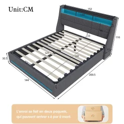 Lit coffre 140x190 cm, Lit rembourré avec rangement hydraulique, LED et USB, tête de lit, Gris><noscript><img width=
