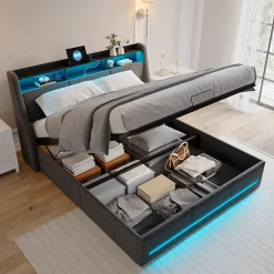 Lit coffre 140x190 cm, Lit rembourré avec rangement hydraulique, LED et USB, tête de lit, Gris><noscript><img width=