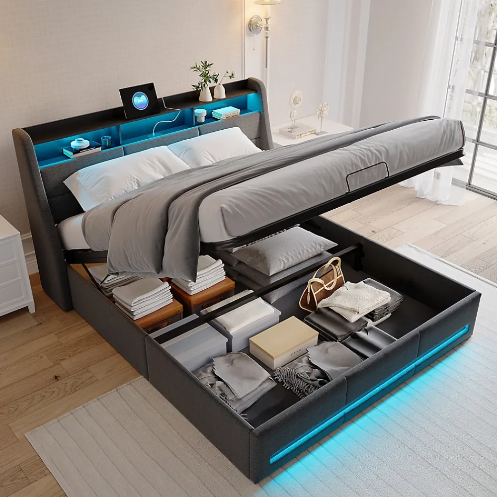 Lit coffre 140x190 cm, Lit rembourré avec rangement hydraulique, LED et USB, tête de lit, Gris>ProximaX Outlet
