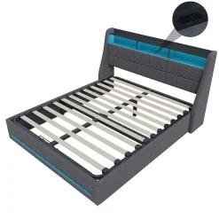 Lit coffre 140x190 cm, Lit rembourré avec rangement hydraulique, LED et USB, tête de lit, Gris><noscript><img width=