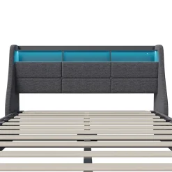 Lit coffre 140x190 cm, Lit rembourré avec rangement hydraulique, LED et USB, tête de lit, Gris><noscript><img width=