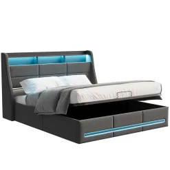 ProximaX Lit coffre 140x190 cm, Lit rembourré avec rangement hydraulique, LED et USB, tête de lit avec prise, Gris* Lit Coffre