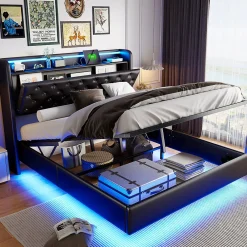 Simple Life Lit Coffre 160x200 cm PU Noir, LED, Charge USB, Rembourré, Rangement, Sommier à Lattes, Cadre, 2 Personnes* Lit Coffre