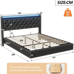 Simple Life Lit Coffre 160x200 cm PU Noir, LED, Charge USB, Rembourré, Rangement, Sommier à Lattes, Cadre, 2 Personnes* Lit Coffre