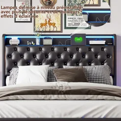 Simple Life Lit Coffre 160x200 cm PU Noir, LED, Charge USB, Rembourré, Rangement, Sommier à Lattes, Cadre, 2 Personnes* Lit Coffre