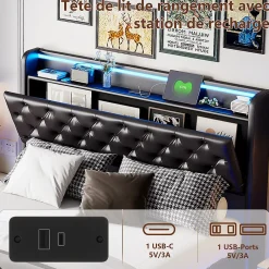 Simple Life Lit Coffre 160x200 cm PU Noir, LED, Charge USB, Rembourré, Rangement, Sommier à Lattes, Cadre, 2 Personnes* Lit Coffre