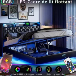 Simple Life Lit Coffre 160x200 cm PU Noir, LED, Charge USB, Rembourré, Rangement, Sommier à Lattes, Cadre, 2 Personnes* Lit Coffre
