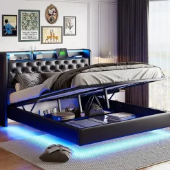 Simple Life Lit Coffre 160x200 cm PU Noir, LED, Charge USB, Rembourré, Rangement, Sommier à Lattes, Cadre, 2 Personnes* Lit Coffre