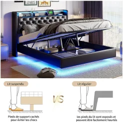 Simple Life Lit Coffre 160x200 cm PU Noir, LED, Charge USB, Rembourré, Rangement, Sommier à Lattes, Cadre, 2 Personnes* Lit Coffre