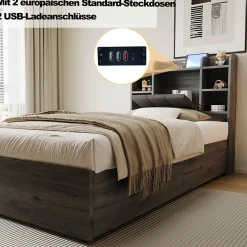 Lit Coffre 90x200 cm Simple avec Ports USB et Type-C Intégrés, Rangement Fonctionnel en Bois - Sans Matelas - Gris><noscript><img width=