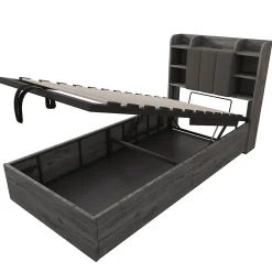 Lit Coffre 90x200 cm Simple avec Ports USB et Type-C Intégrés, Rangement Fonctionnel en Bois - Sans Matelas - Gris><noscript><img width=