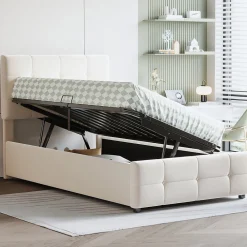 Lit Coffre 90x200 cm Simple Capitonné avec Coffre Hydraulique et Rangement, Lit Velours Beige avec Sommier à Lattes><noscript><img width=