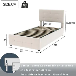 Lit Coffre 90x200 cm Simple Capitonné avec Coffre Hydraulique et Rangement, Lit Velours Beige avec Sommier à Lattes><noscript><img width=