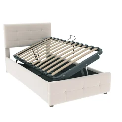 Lit Coffre 90x200 cm Simple Capitonné avec Coffre Hydraulique et Rangement, Lit Velours Beige avec Sommier à Lattes><noscript><img width=