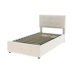 Lit Coffre 90x200 cm Simple Capitonné avec Coffre Hydraulique et Rangement, Lit Velours Beige avec Sommier à Lattes><noscript><img width=