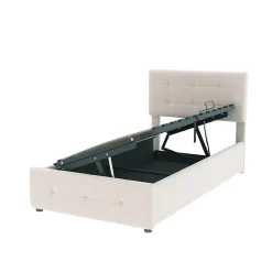 Lit Coffre 90x200 cm Simple Capitonné avec Coffre Hydraulique et Rangement, Lit Velours Beige avec Sommier à Lattes><noscript><img width=