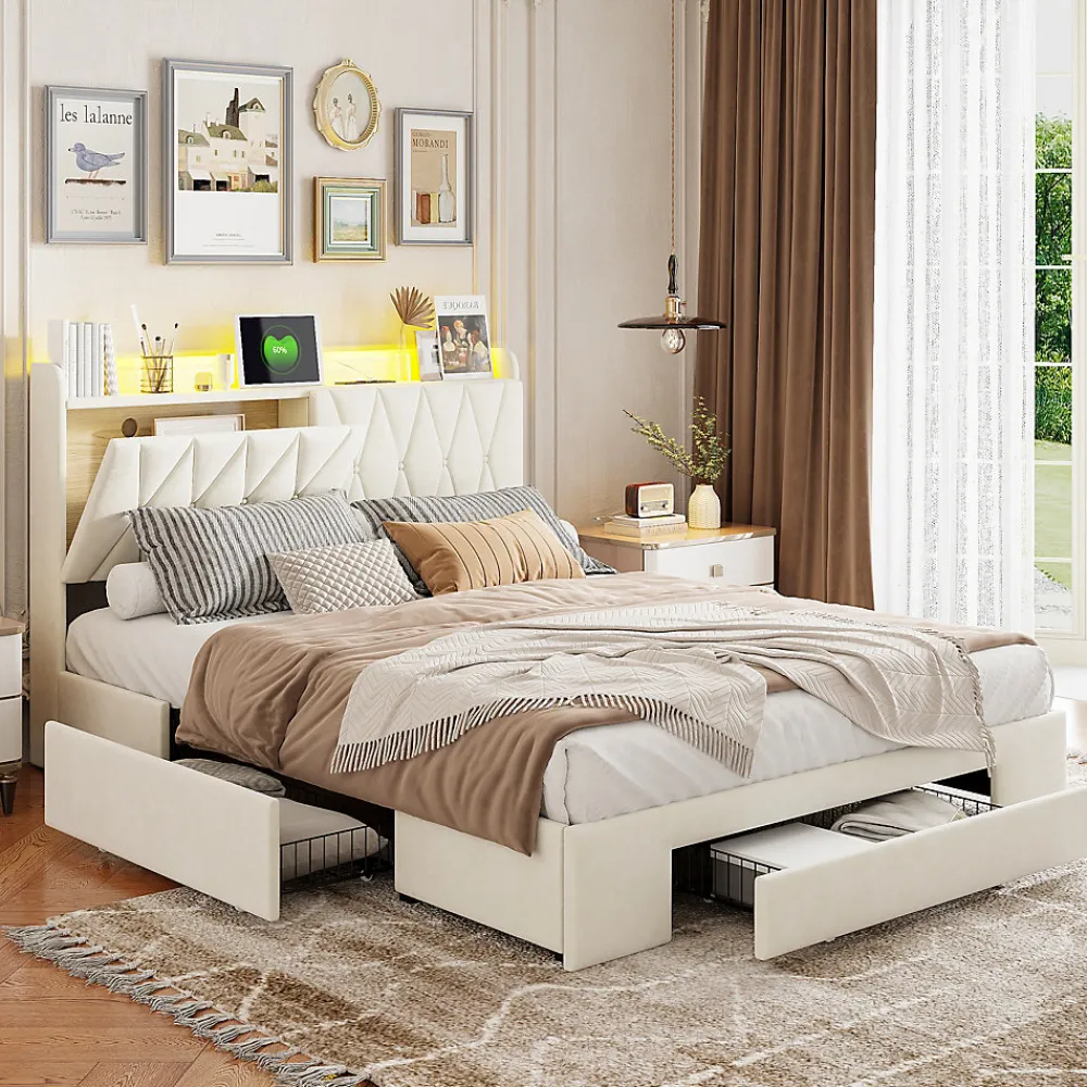 Lit coffre 140x190 cm, sommier, tiroirs, tête de lit rembourrée, LED, USB/Type-C, velours beige (2 personnes).>Simple Life