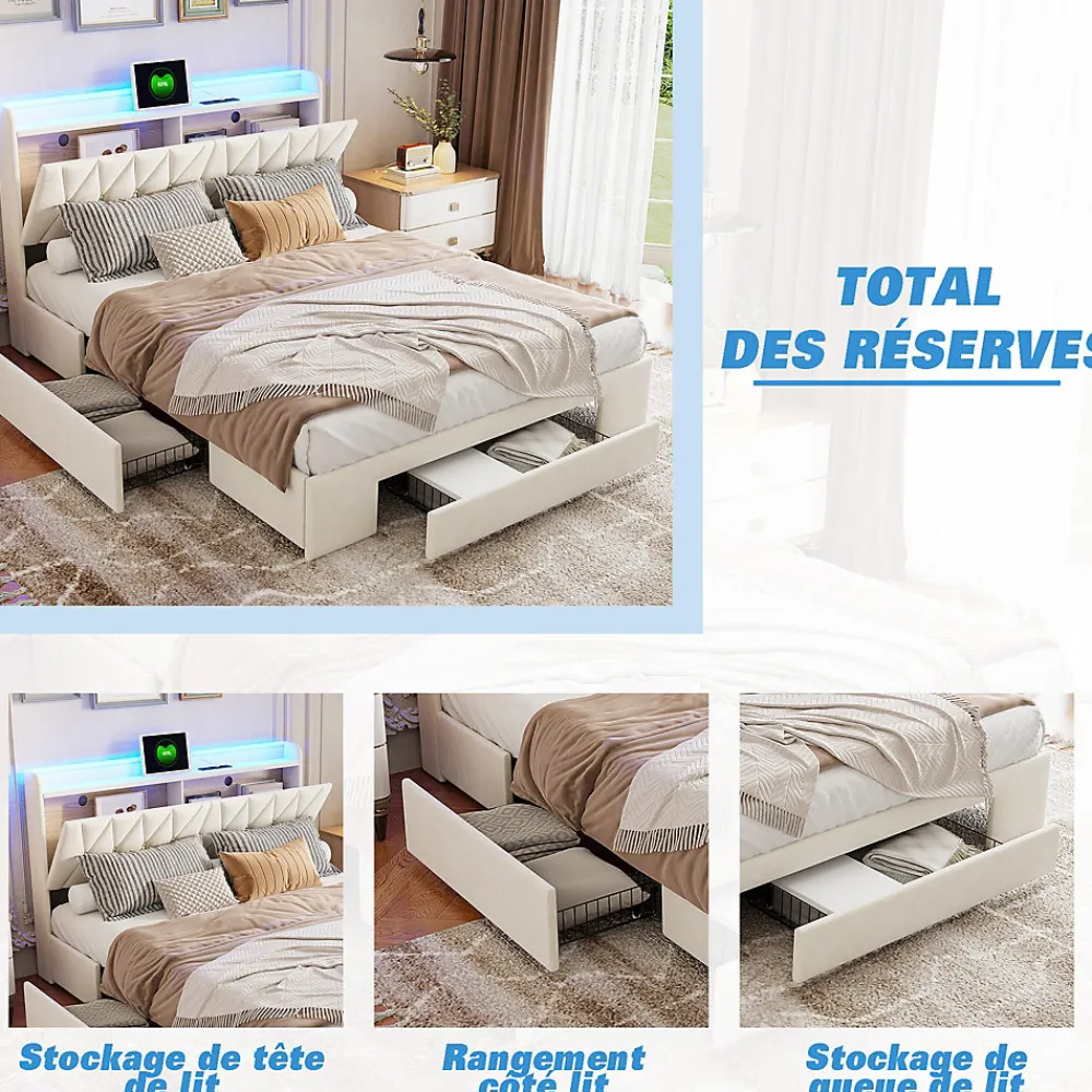 Lit coffre 140x190 cm, sommier, tiroirs, tête de lit rembourrée, LED, USB/Type-C, velours beige (2 personnes).>Simple Life