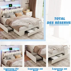 Lit coffre 140x190 cm, sommier, tiroirs, tête de lit rembourrée, LED, USB/Type-C, velours beige (2 personnes).><noscript><img width=