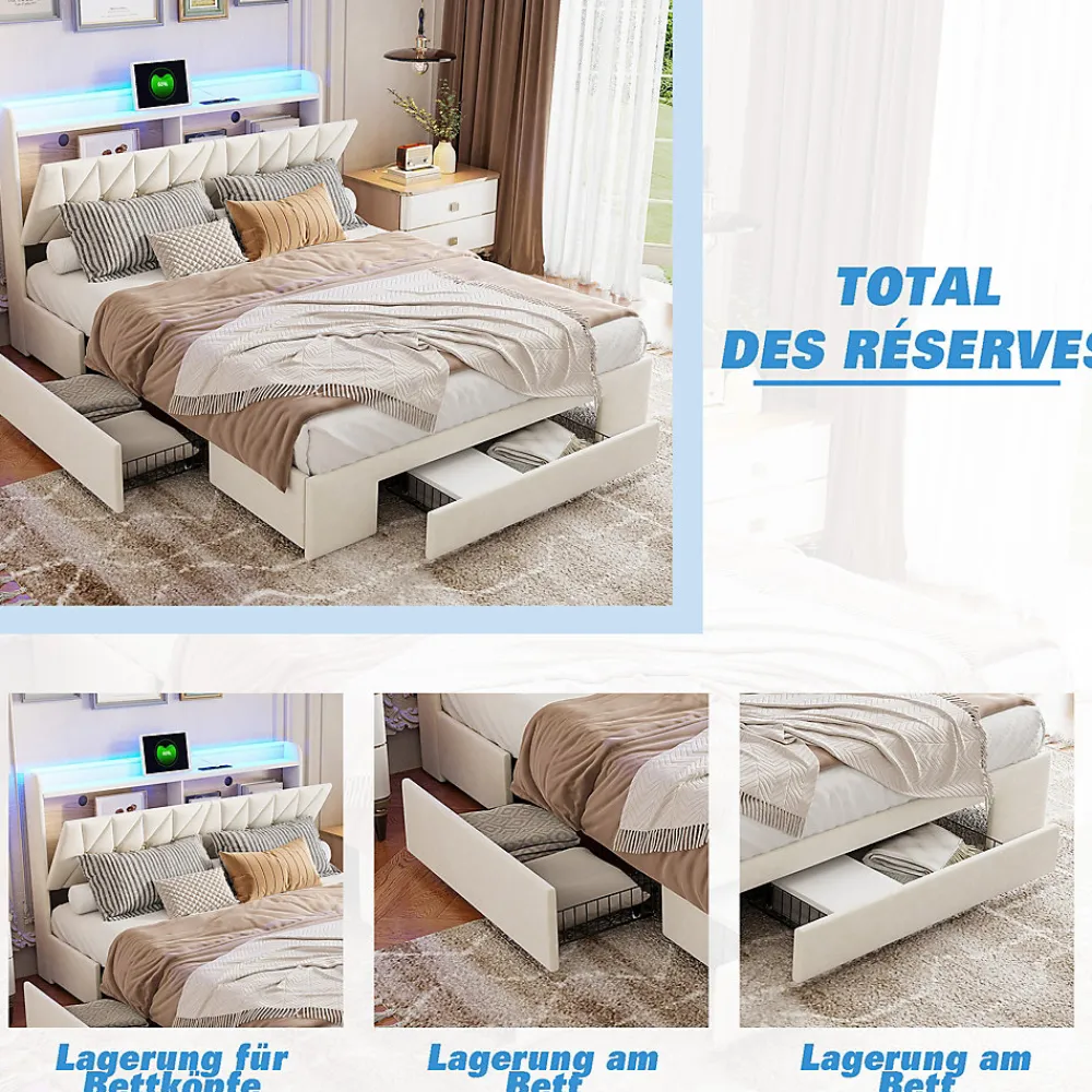 Lit coffre 140x190 cm, sommier, tiroirs, tête de lit rembourrée, LED, USB/Type-C, velours beige (2 personnes).>Simple Life