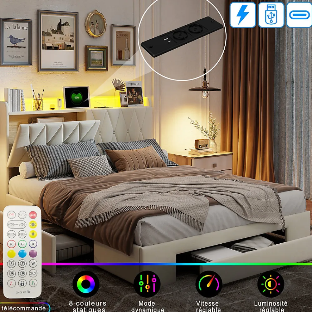 Lit coffre 140x190 cm, sommier, tiroirs, tête de lit rembourrée, LED, USB/Type-C, velours beige (2 personnes).>Simple Life