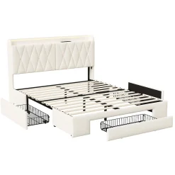 Lit coffre 140x190 cm, sommier, tiroirs, tête de lit rembourrée, LED, USB/Type-C, velours beige (2 personnes).><noscript><img width=