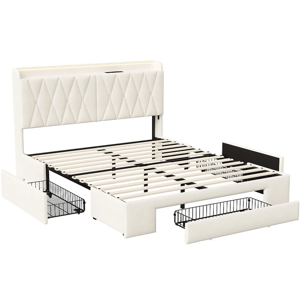 Lit coffre 140x190 cm, sommier, tiroirs, tête de lit rembourrée, LED, USB/Type-C, velours beige (2 personnes).>Simple Life