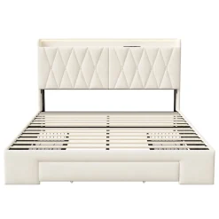 Lit coffre 140x190 cm, sommier, tiroirs, tête de lit rembourrée, LED, USB/Type-C, velours beige (2 personnes).><noscript><img width=