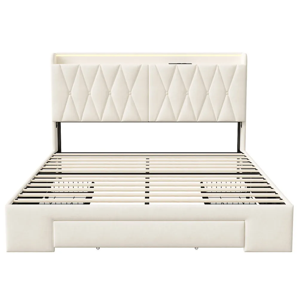Lit coffre 140x190 cm, sommier, tiroirs, tête de lit rembourrée, LED, USB/Type-C, velours beige (2 personnes).>Simple Life