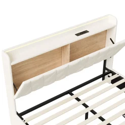 Lit coffre 140x190 cm, sommier, tiroirs, tête de lit rembourrée, LED, USB/Type-C, velours beige (2 personnes).><noscript><img width=