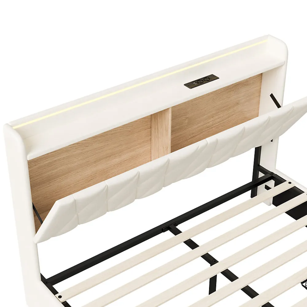 Lit coffre 140x190 cm, sommier, tiroirs, tête de lit rembourrée, LED, USB/Type-C, velours beige (2 personnes).>Simple Life