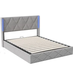 Lit Coffre 160x200 cm, Tête de lit avec LED, lit Double avec sommier à Lattes,Velours,Beige>Fortuna lai Sale
