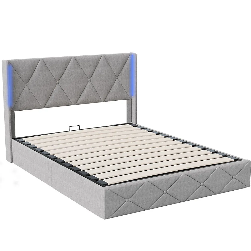 Lit Coffre 160x200 cm, Tête de lit avec LED, lit Double avec sommier à Lattes,Velours,Beige>Fortuna lai Sale