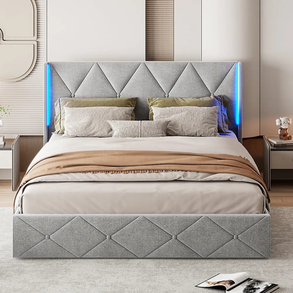 Lit Coffre 160x200 cm, Tête de lit avec LED, lit Double avec sommier à Lattes,Velours,Beige>Fortuna lai Sale