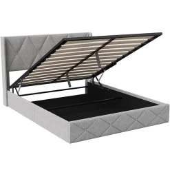 Lit Coffre 160x200 cm, Tête de lit avec LED, lit Double avec sommier à Lattes,Velours,Beige><noscript><img width=