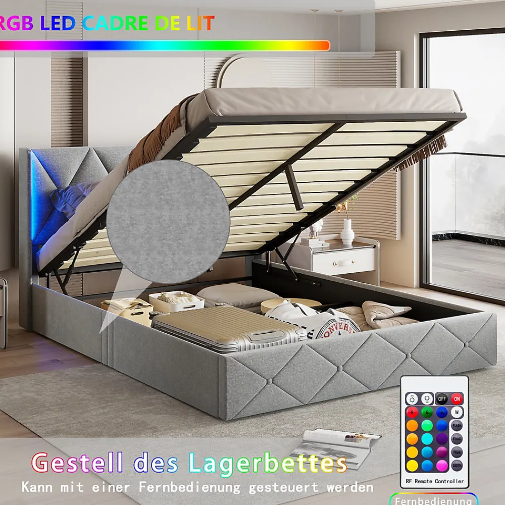 Lit Coffre 160x200 cm, Tête de lit avec LED, lit Double avec sommier à Lattes,Velours,Beige>Fortuna lai Sale