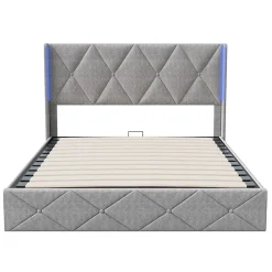 Lit Coffre 160x200 cm, Tête de lit avec LED, lit Double avec sommier à Lattes,Velours,Beige><noscript><img width=