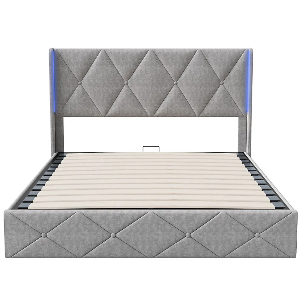 Lit Coffre 160x200 cm, Tête de lit avec LED, lit Double avec sommier à Lattes,Velours,Beige>Fortuna lai Sale