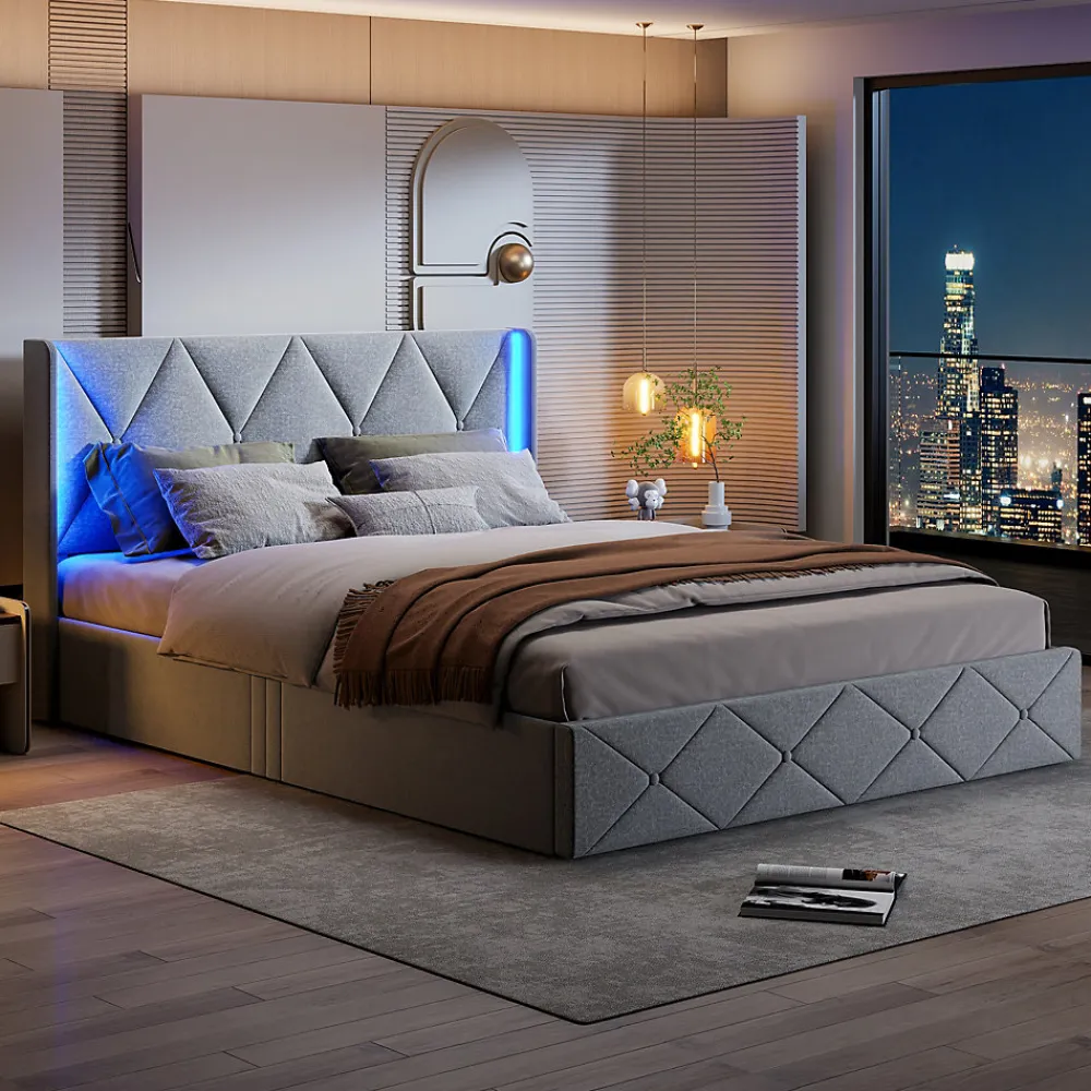 Lit Coffre 160x200 cm, Tête de lit avec LED, lit Double avec sommier à Lattes,Velours,Beige>Fortuna lai Sale