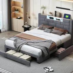 Lit coffre 160x200 cm velours gris, vérins hydrauliques, tête de lit LED 7 couleurs, ports USB/Type-C, tiroirs de rangement.>Simple Life Outlet