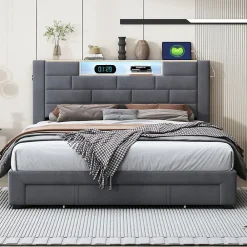 Lit coffre 160x200 cm velours gris, vérins hydrauliques, tête de lit LED 7 couleurs, ports USB/Type-C, tiroirs de rangement.>Simple Life Outlet