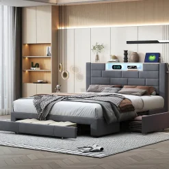 Lit coffre 160x200 cm velours gris, vérins hydrauliques, tête de lit LED 7 couleurs, ports USB/Type-C, tiroirs de rangement.><noscript><img width=