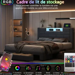 Lit coffre 160x200 cm velours gris, vérins hydrauliques, tête de lit LED 7 couleurs, ports USB/Type-C, tiroirs de rangement.><noscript><img width=