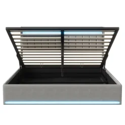 Simple Life Lit Coffre 160x200 cm Velours Gris, LED, Charge USB, Rembourré, Rangement, Tête de lit, Sommier à Lattes, 2 Personnes* Lit Coffre