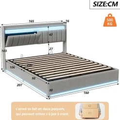 Simple Life Lit Coffre 160x200 cm Velours Gris, LED, Charge USB, Rembourré, Rangement, Tête de lit, Sommier à Lattes, 2 Personnes* Lit Coffre